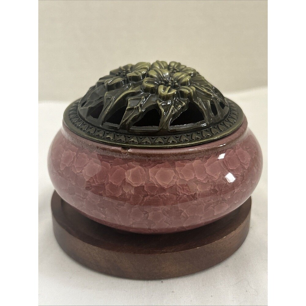 Stick Incense Burner Cone Incense Holder Home Ceramic  Metal Lid (violet)